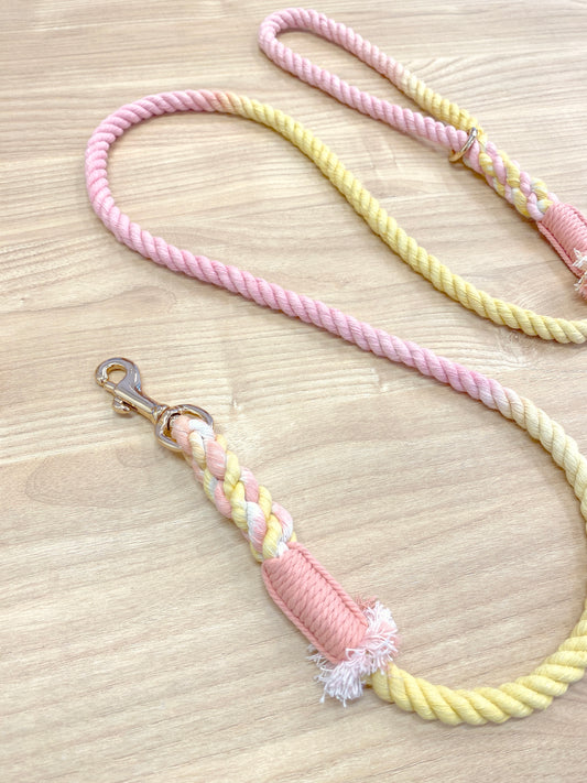 thin handmade leash in pink and yellow